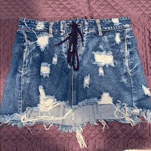 Distressed Lace Up Denim Skirt